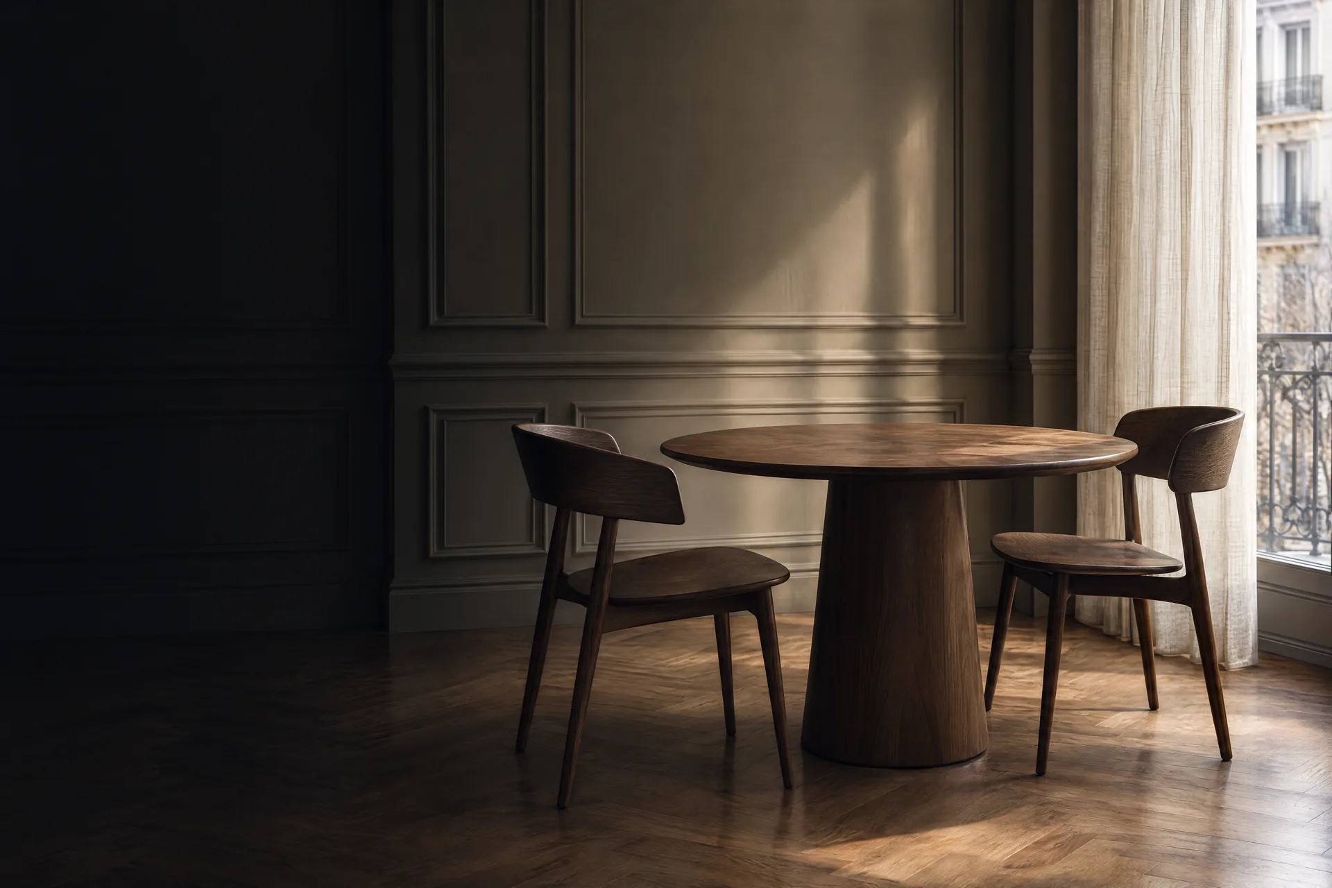 Mesa redonda de madera y dos sillas junto a un ventanal en un salón clásico
